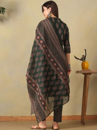 Mamicha Women Ethnic Motifs Printed Regular Mirror Work Pure Cotton Kurta with Trousers & With Dupatta
