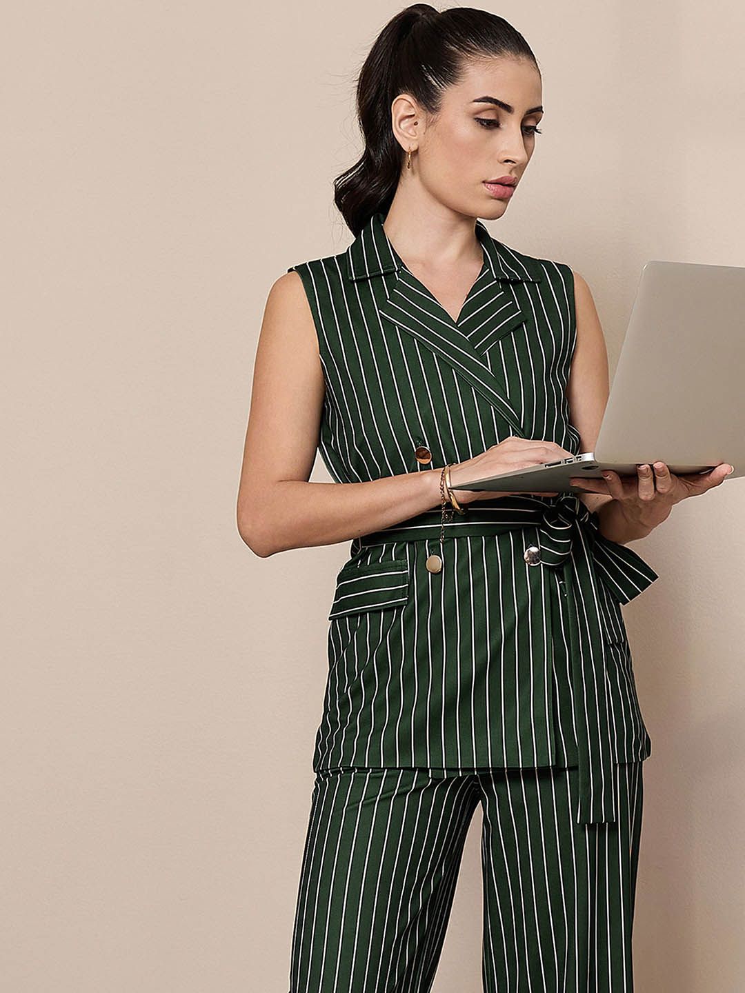 SASSAFRAS worklyf Vertical Striped Sleeveless Double Breasted Front Tie Up Blazer