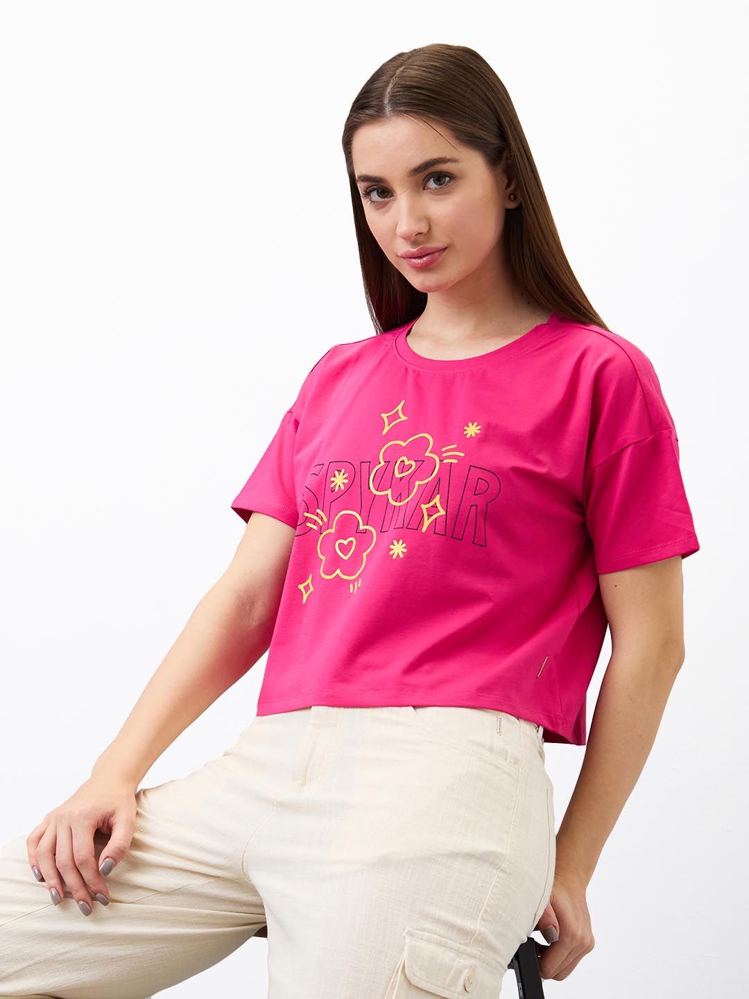 SPYKAR Women Typography Printed Round Neck Cotton Boxy T-shirt