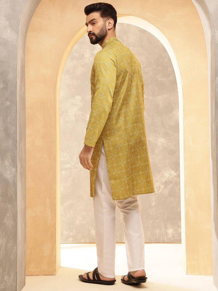 Anouk Olive Green Floral Printed Mandarin Collar Straight Kurta With Pajamas