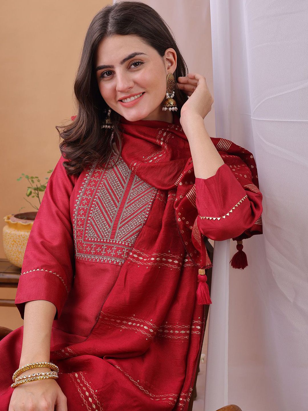 KALINI Yoke Design Sequinned Round Neck Kurta With Trousers & Dupatta