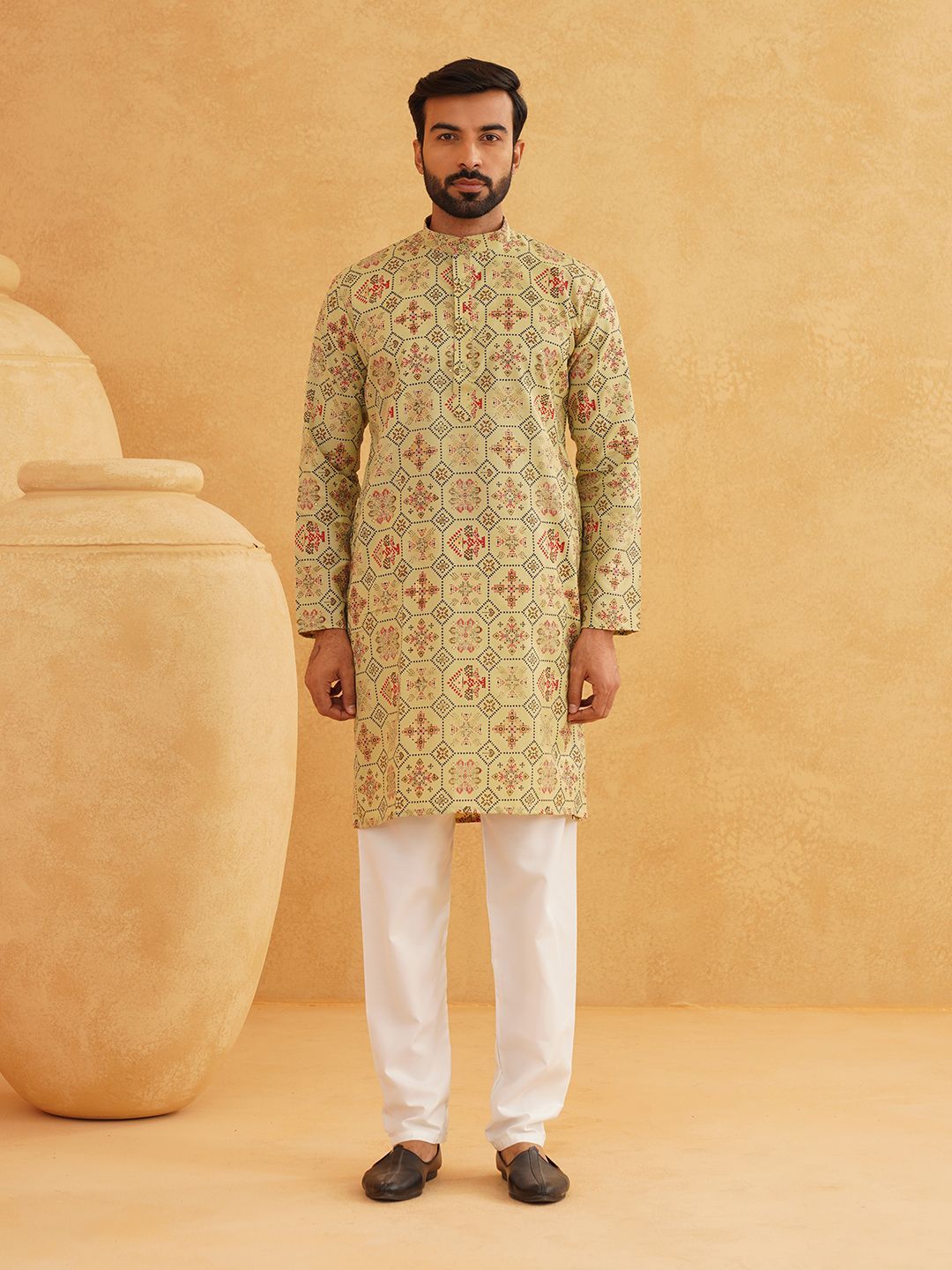 SOJANYA Ethnic Motifs Printed Band Collar Straight Kurta With Churidar