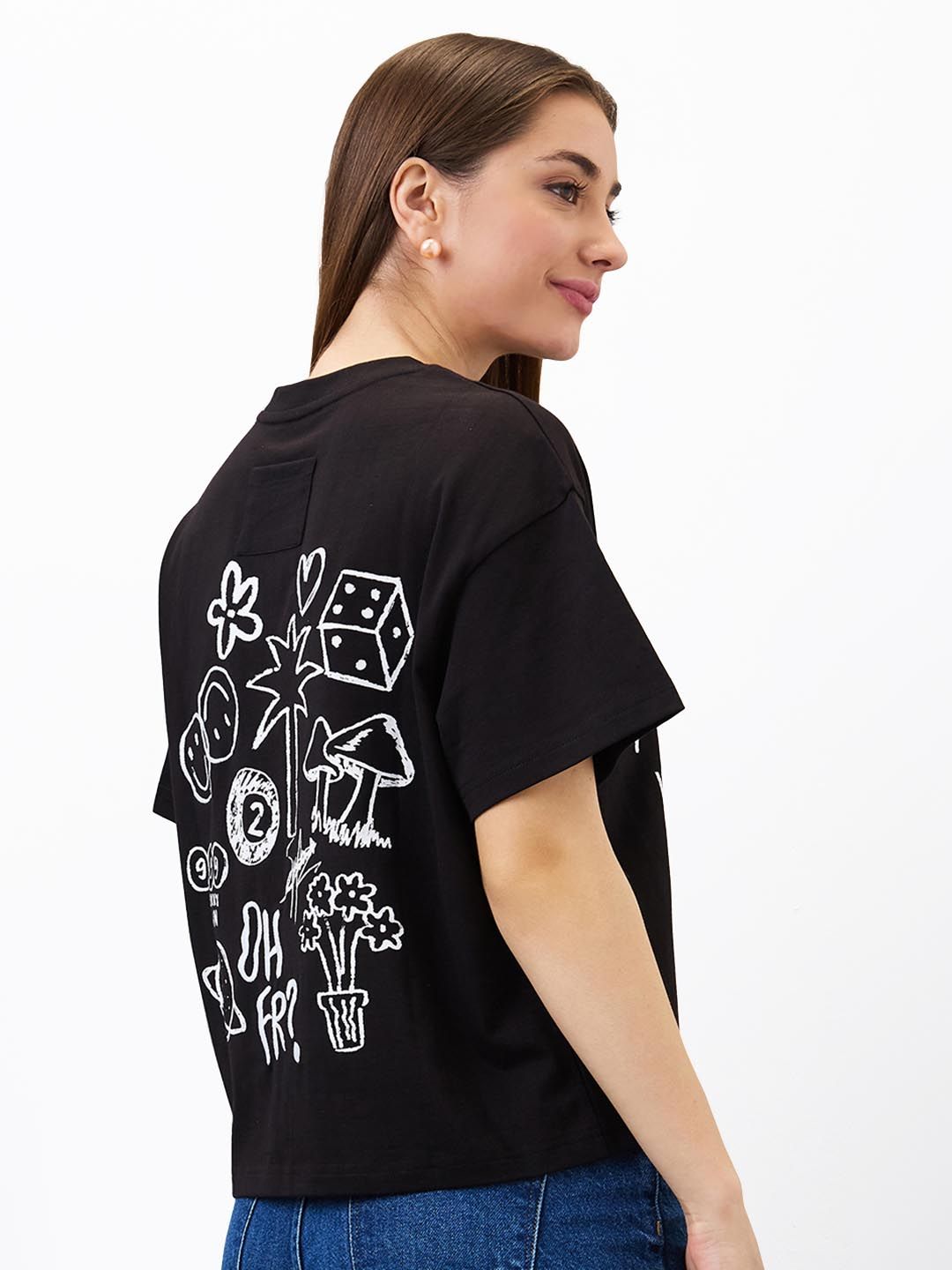 SPYKAR Women Typography Printed Round Neck Cotton Boxy T-shirt