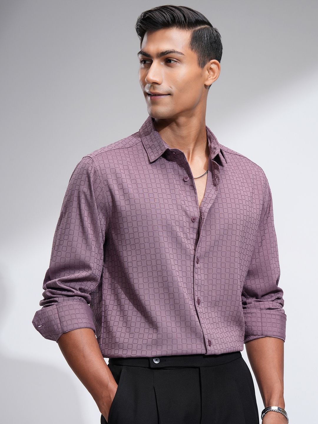 HIGHLANDER Men Slim Fit Spread Collar Textured Solid Casual Shirt