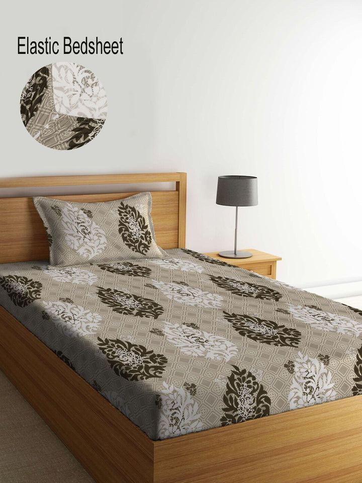 KLOTTHE  Brown Ethnic Motifs Printed 300TC Fitted Single Bedsheet With Pillow Cover