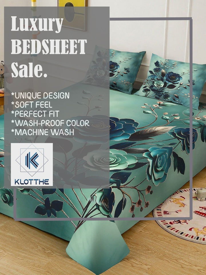 KLOTTHE Green Floral Printed Flat 300 TC Super King Cadar Dengan 2 Sarung Bantal