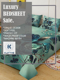 KLOTTHE Green Floral Printed Flat 300 TC Super King Cadar Dengan 2 Sarung Bantal