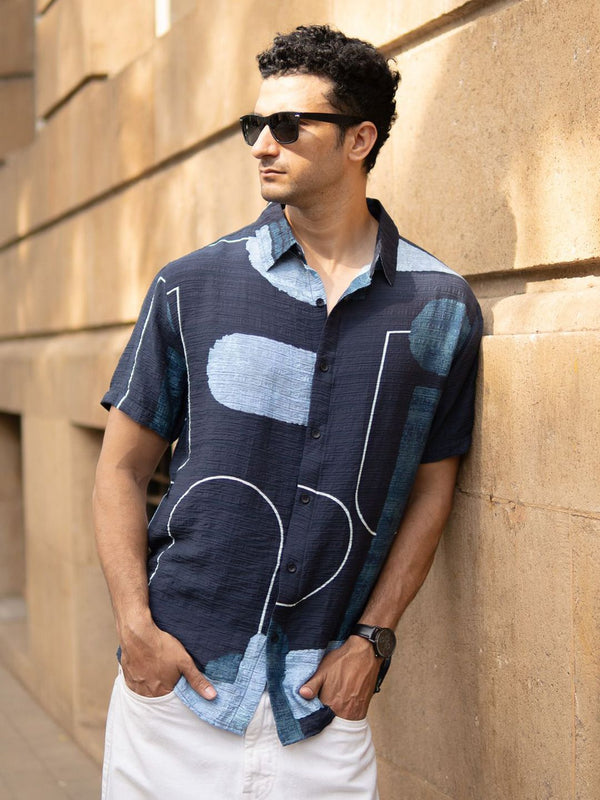 Powerlook Men Navy Abstract Structure Print Shirt