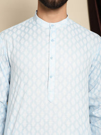 Anouk Blue Mandarin Collar Ethnic Motifs Printed Straight Kurta with Pyjamas