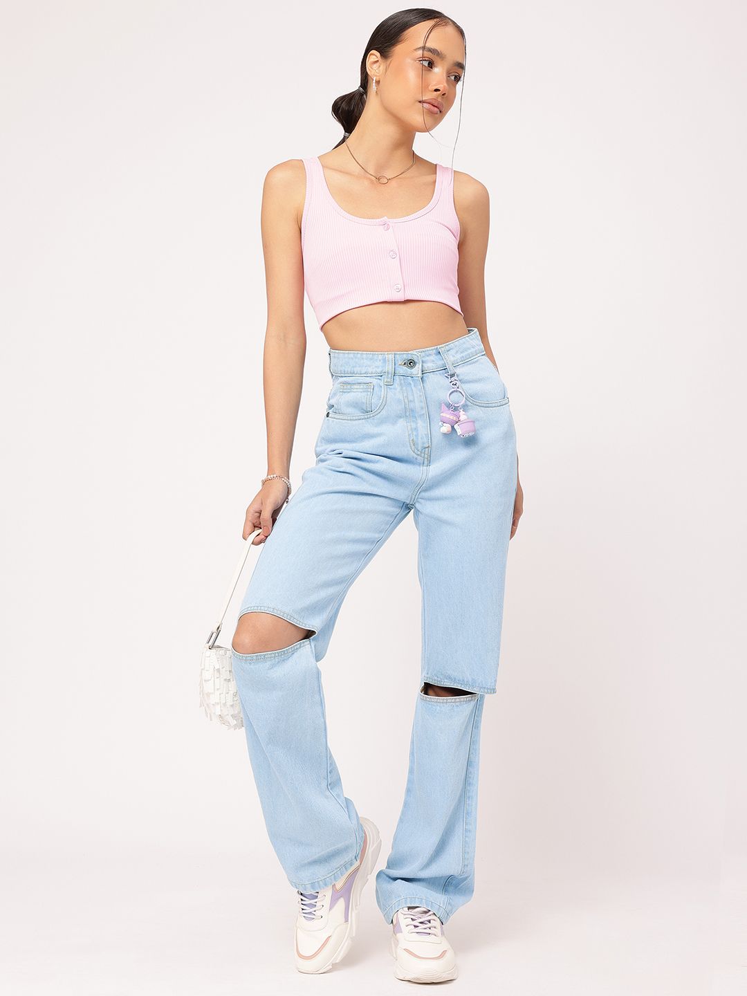 DressBerry Women Slash-Knee Edge Straight Fit Pure Cotton Jeans