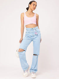 DressBerry Women Slash-Knee Edge Straight Fit Pure Cotton Jeans
