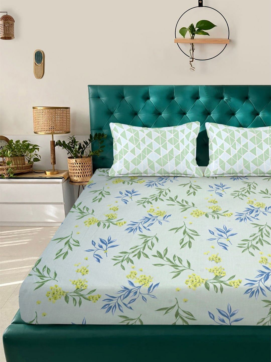 Aura Green & Blue Floral Printed 300 TC Double King Bedsheet Set-2.50 m X 2.25 m
