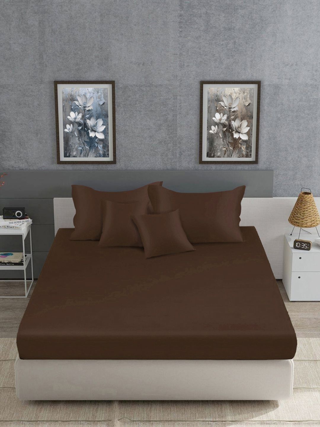 Myntra Elegant Homes Brown 400 TC Bedsheet with 4 Pillow Covers