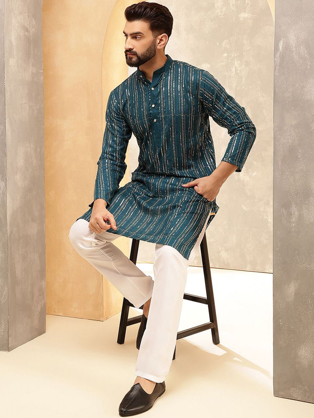 Anouk Blue Geometric Embroidered Sequence Band Collar Straight Kurta
