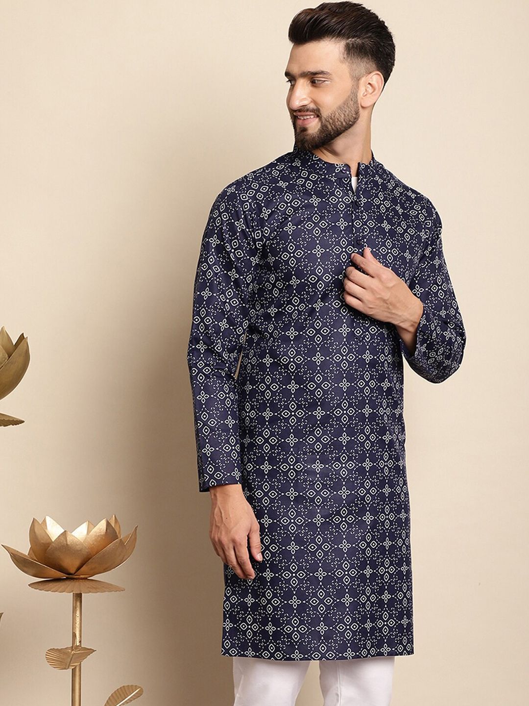 Anouk Men Navy Blue Geometric Printed Thread Work Kurta