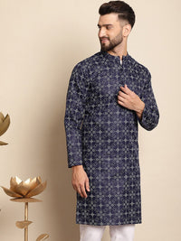 Anouk Men Navy Blue Geometric Printed Thread Work Kurta