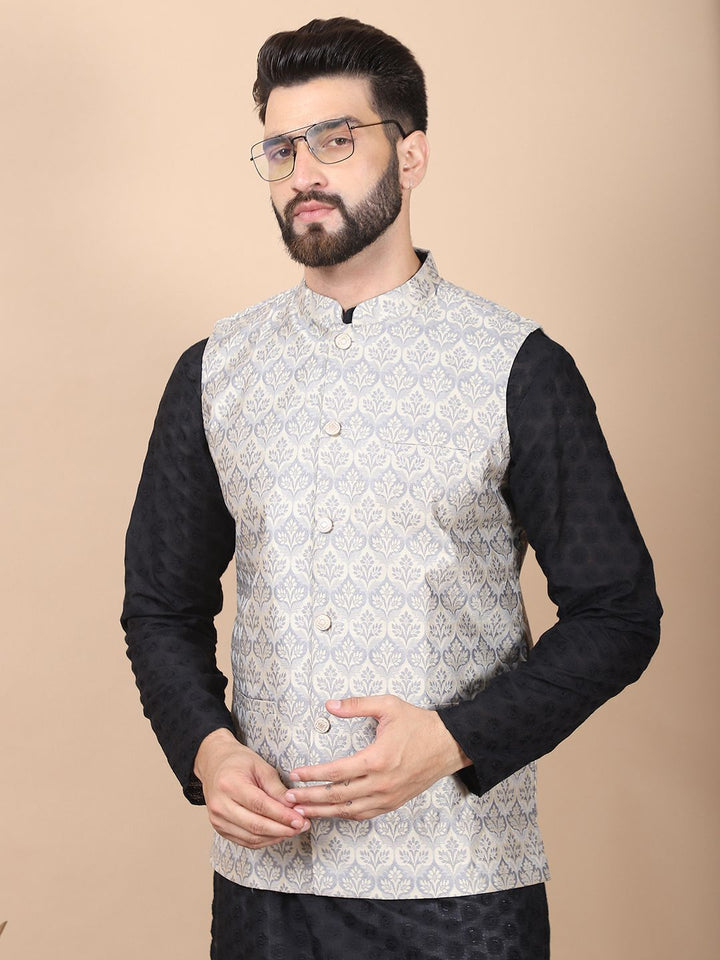 Anouk Black Floral Embroidered Thread Work Pure Cotton Kurta with Churidar & Nehru Jacket