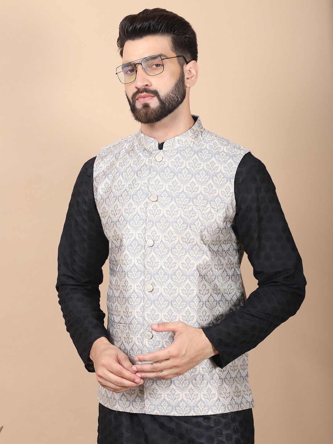 Anouk Black Floral Embroidered Thread Work Pure Cotton Kurta with Churidar & Nehru Jacket