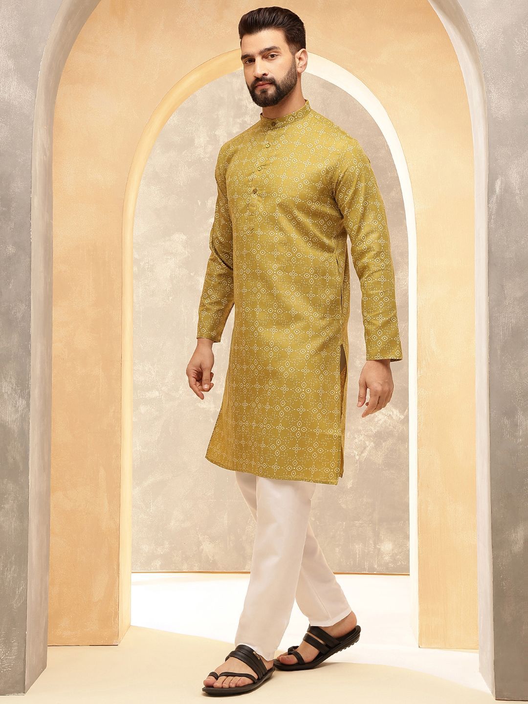 Anouk Olive Green Floral Printed Mandarin Collar Straight Kurta With Pajamas