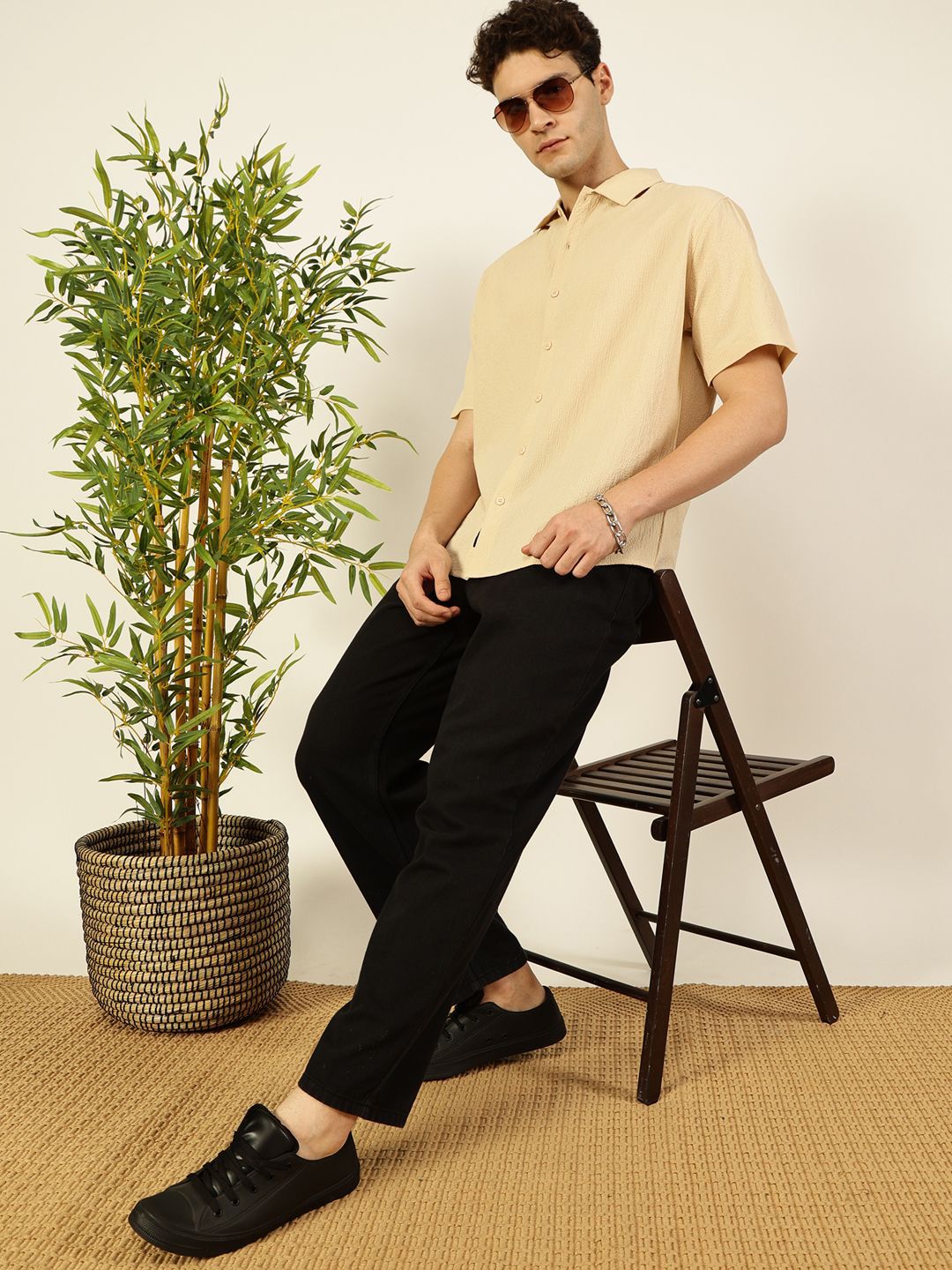 Thomas Scott Men Premium Spread Collar Textured Cotton Casual Shirt