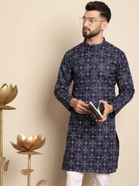 Anouk Men Navy Blue Geometric Printed Thread Work Kurta