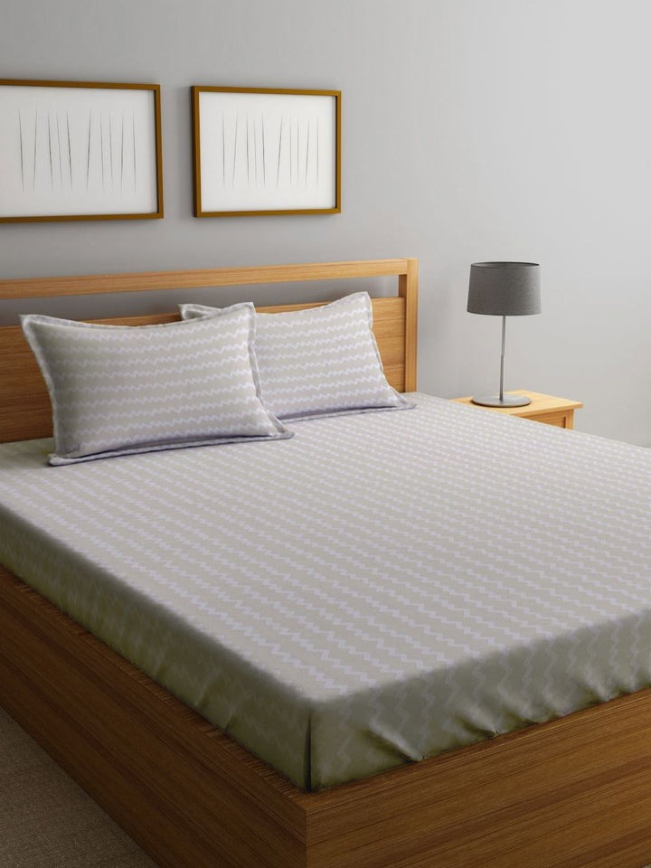 Myntra Elegant Homes Beige & White 300 TC King Bedsheet with 2 Pillow Covers