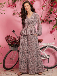 Quiero Meher Bercetak atas V-Neck dengan Palazzos Co-Ords