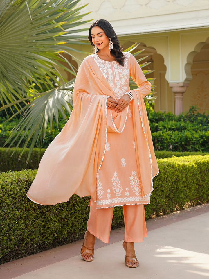 KALINI Floral Embroidered Round Neck Thread Work Kurta With Palazzos And Dupatta