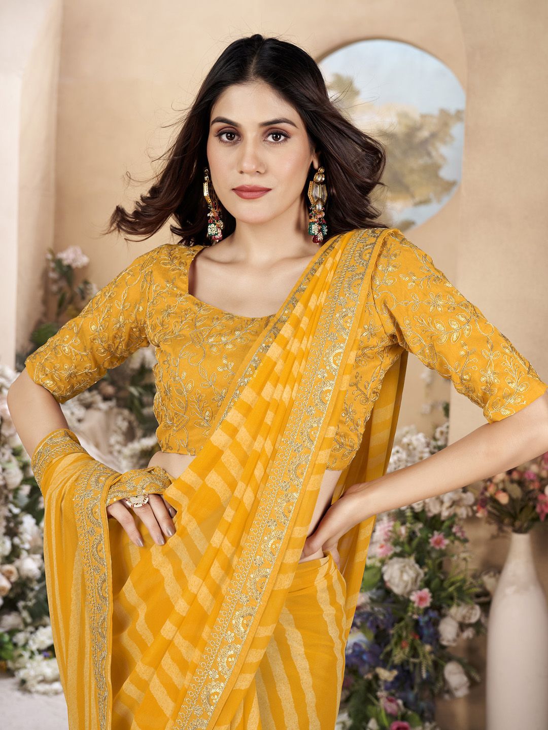 Saree mall Sequinned Embroidered Leheriya Sarees