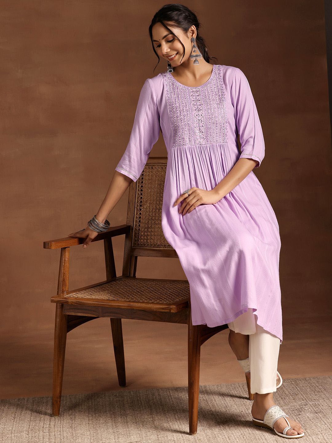 Libas Lavender Floral Yoke Design Sequined Pleated Detail Anarkali Kurta