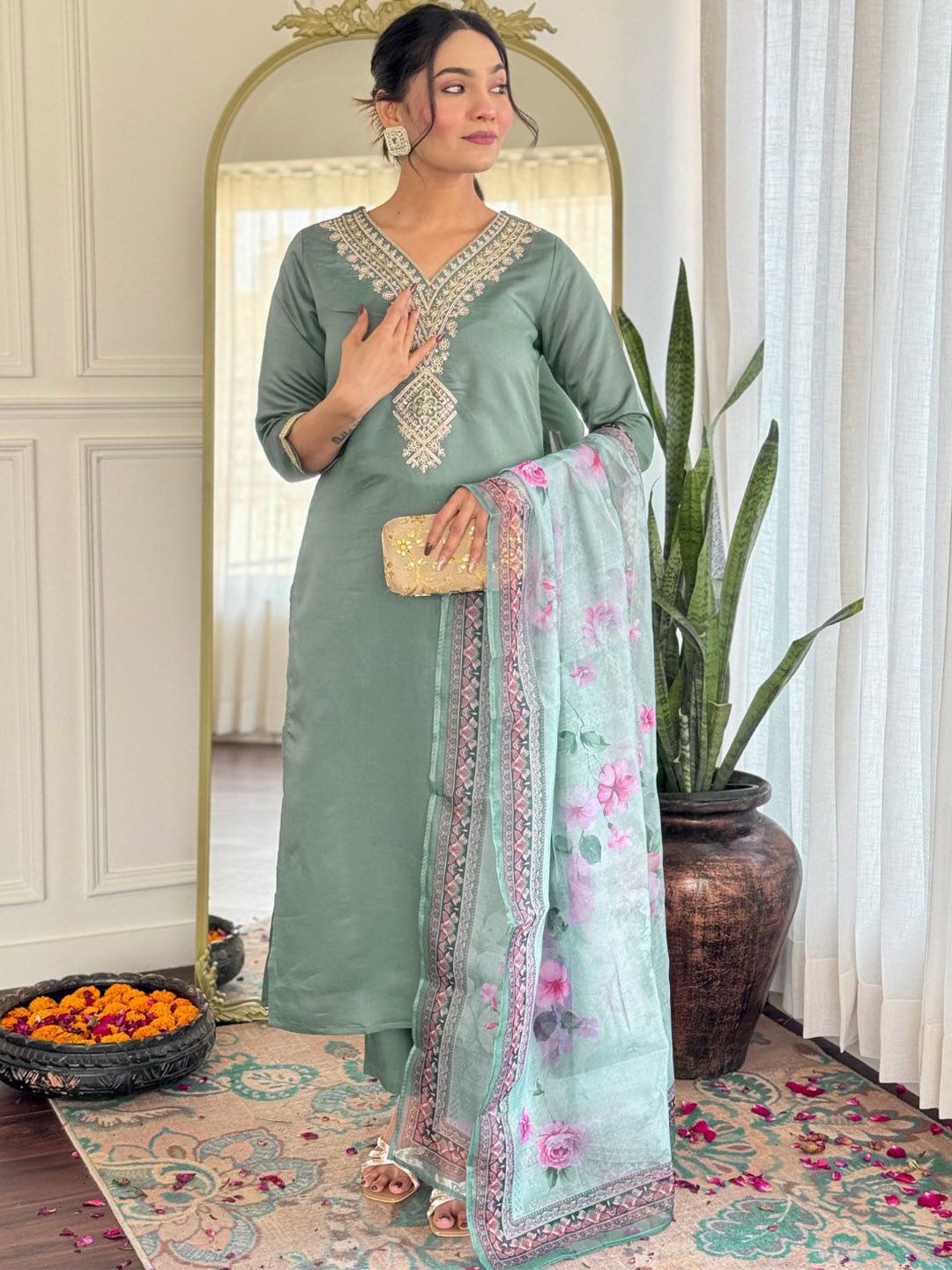 KALINI Women Embroidered Regular Kurta with Trousers & With Dupatta