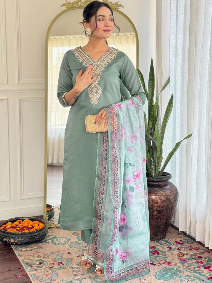 KALINI Women Embroidered Regular Kurta with Trousers & With Dupatta