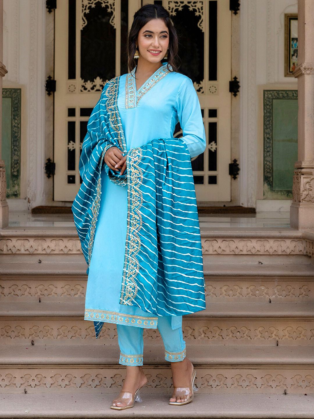 KALINI Floral Yoke Design Kurta With Trousers & Dupatta