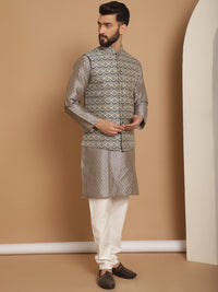Motif Etnik Kelabu Anouk Rekaan Tenun Kurta Lurus Dengan Jaket Churidar & Nehru