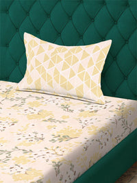 Aura Yellow & Green Floral Printed 300 TC Single Bedsheet Set- 2.25 m X 1.50 m