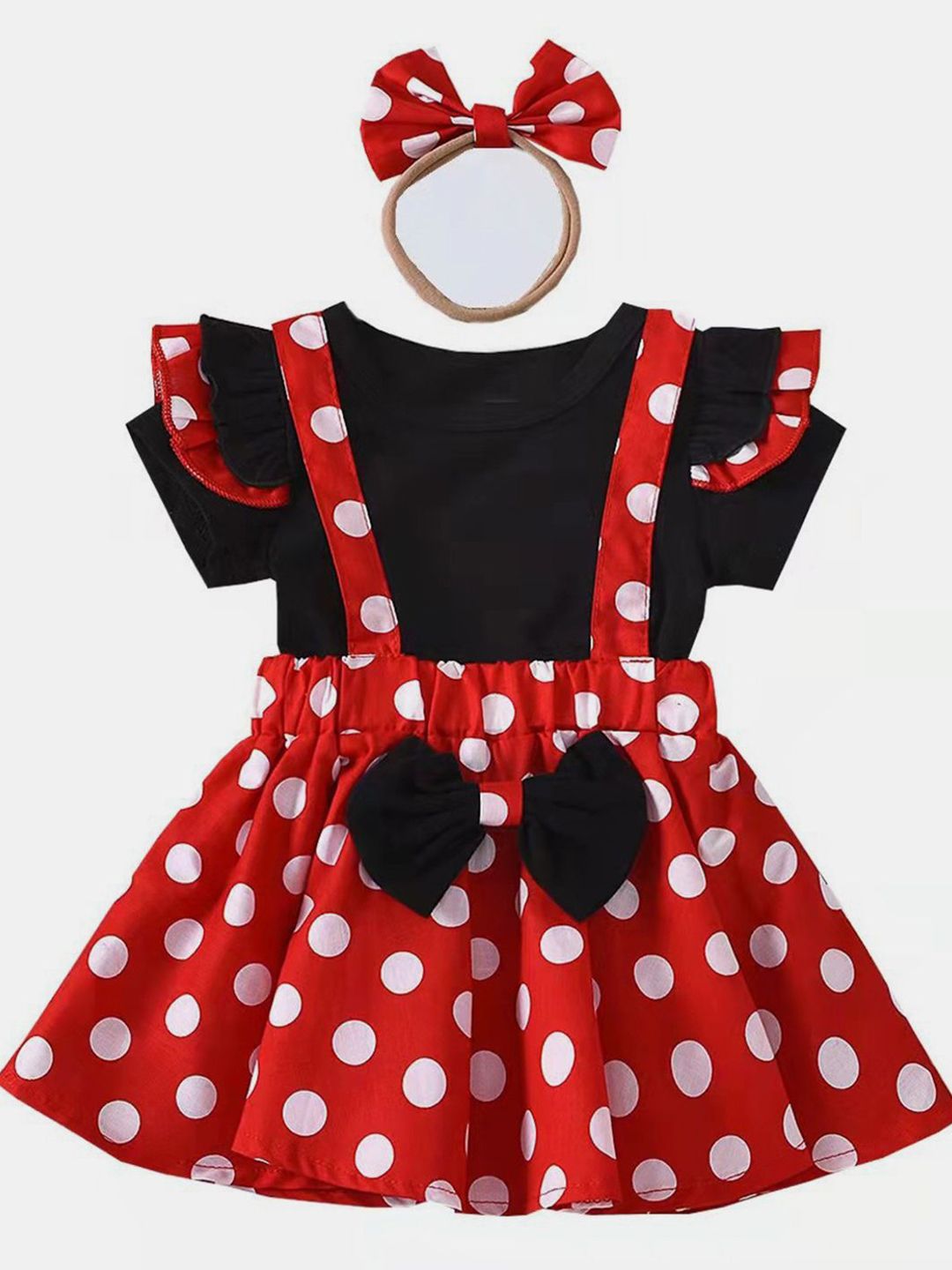 YK Girls Polka Dot Printed Bow Detail Pinafore Maxi Dress with Headband