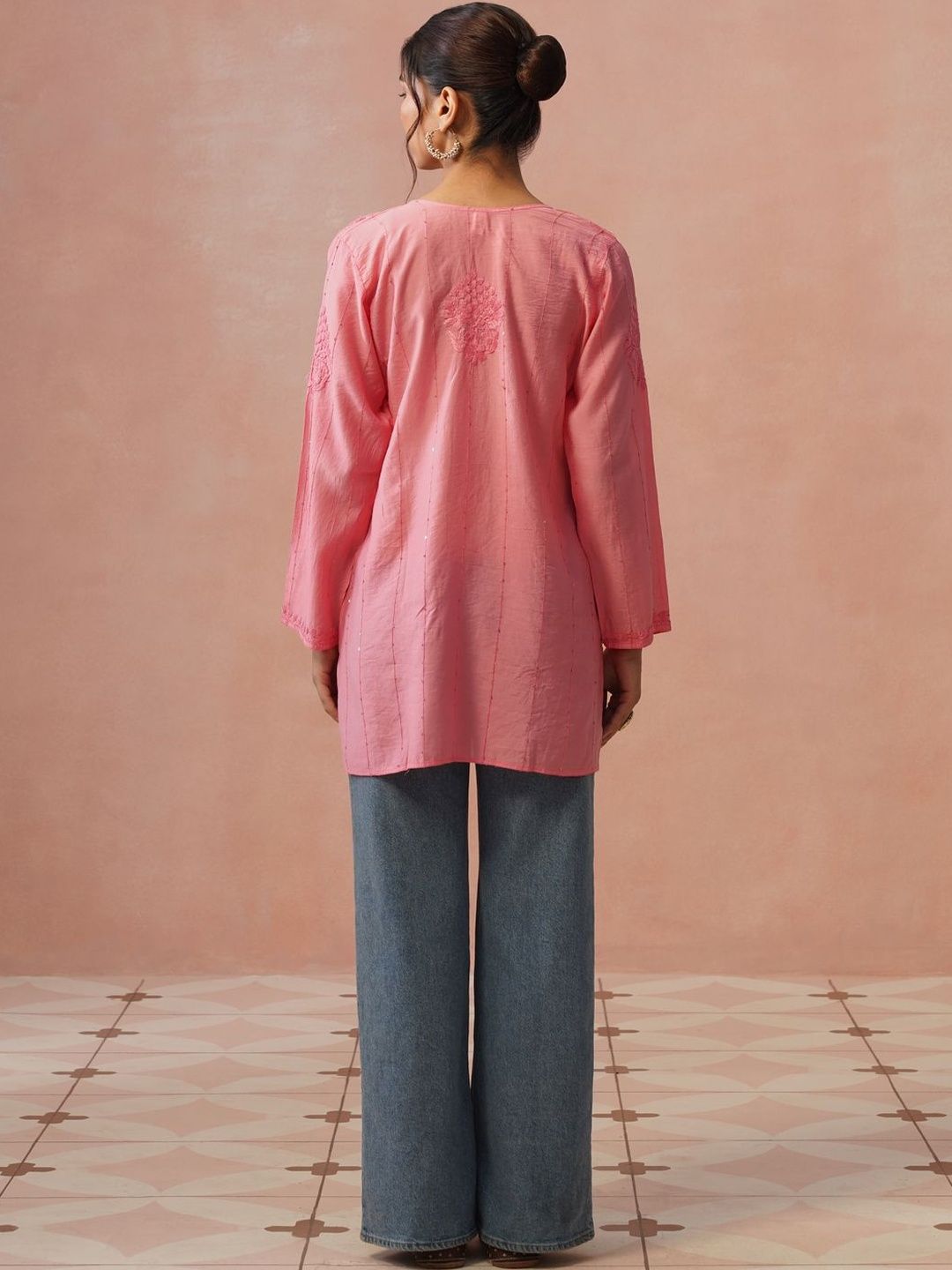 Rumah Wanita Chikankari Motif Etnik Sulaman Kurta Sutera Chanderi Chikankari