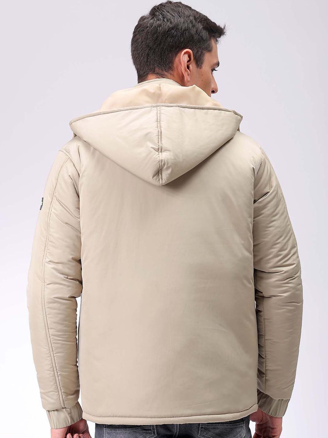 The Indian Garage Co Men Beige Solid Hooded Neck Padded Parka Jacket