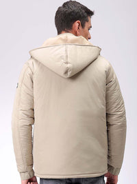 The Indian Garage Co Men Beige Solid Hooded Neck Padded Parka Jacket