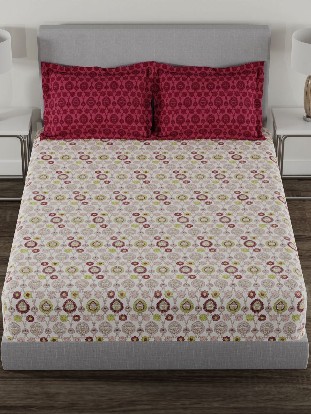 TRIDENT Advait Lime Carnival Flat 144TC Queen Cotton Bedsheet Set