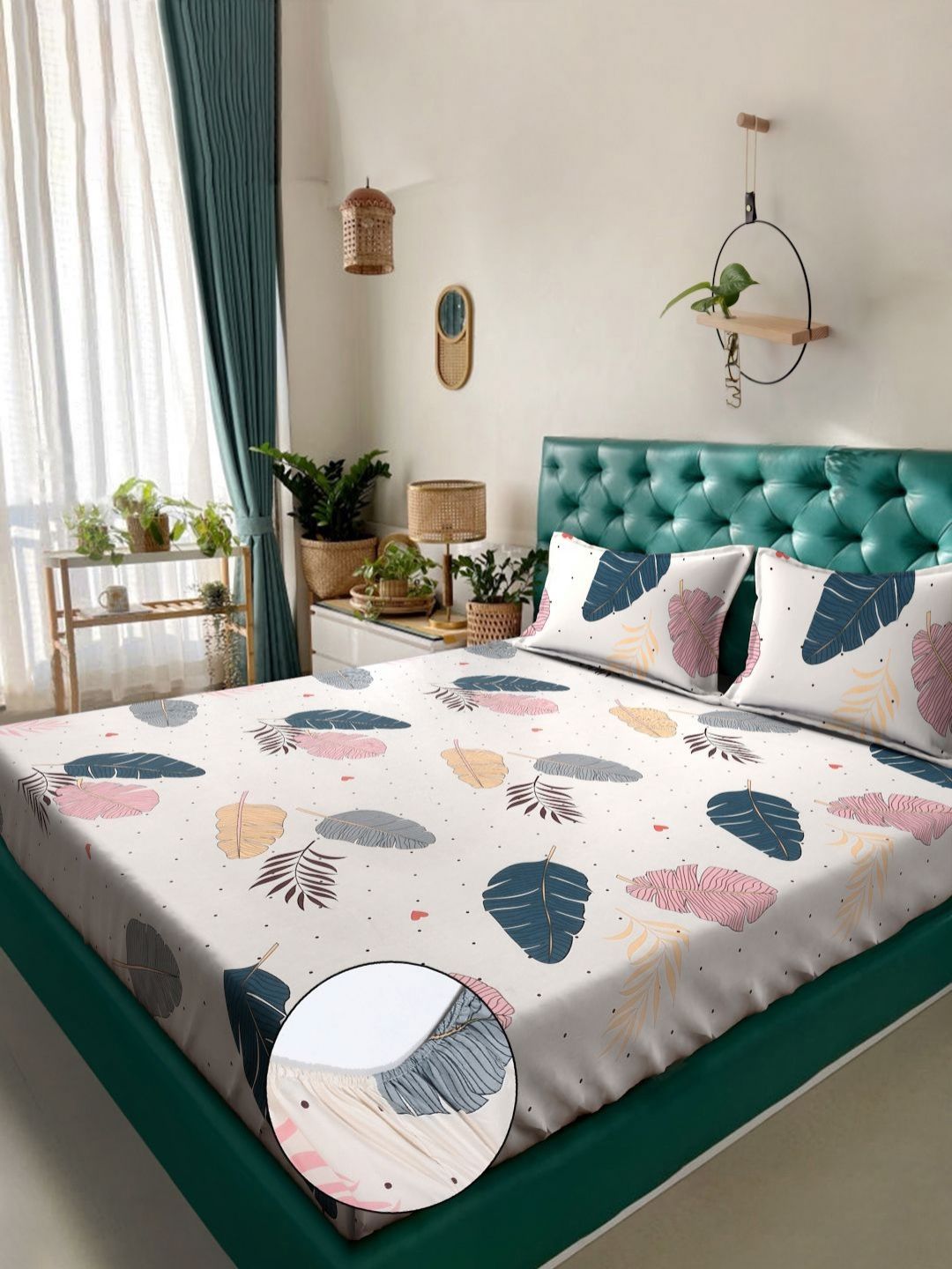 KLOTTHE Cream Leaf Printed Fitted 300 TC King Bedsheet & 2 Pillow Cover- 250X225 cm