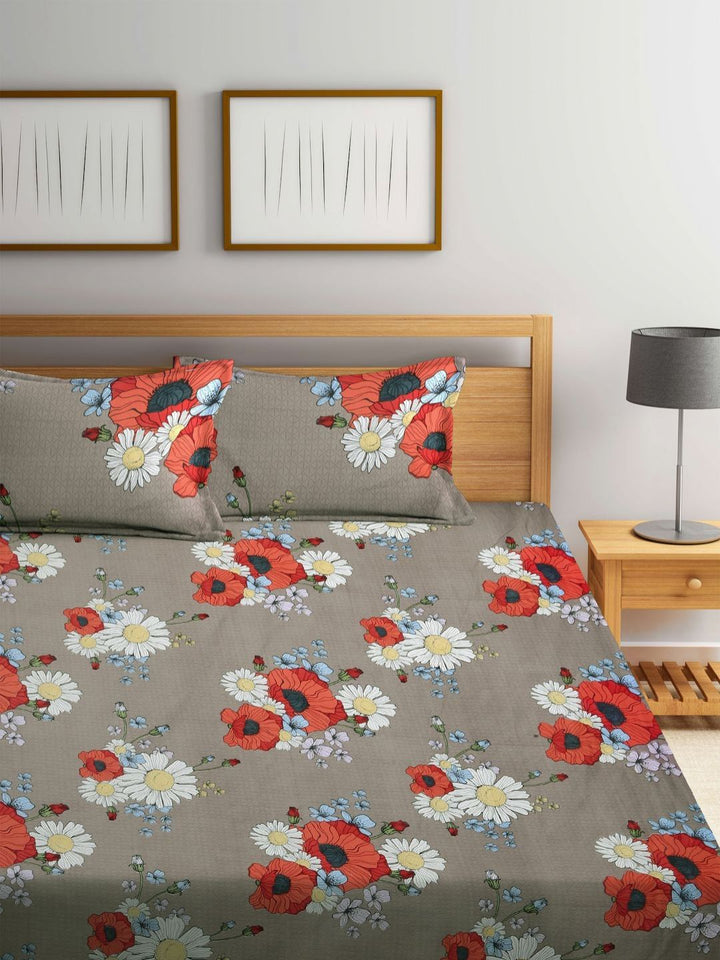 Myntra Elegant Homes Grey & Red Floral 300 TC King Bedsheet with 2 Pillow Covers