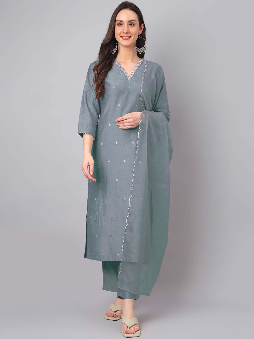 Janasya Women Ethnic Motifs Embroidered Regular Kurta with Trousers & With Dupatta