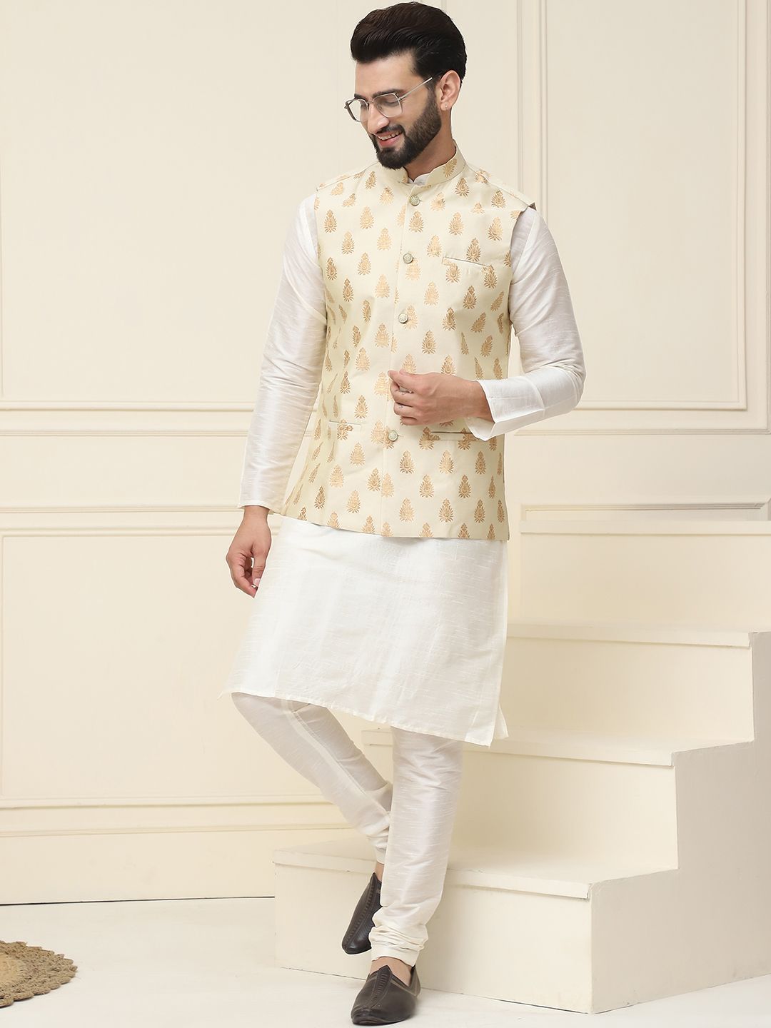 SOJANYA Mandarin Collar Silk Cotton Straight Kurta with Churidar & Nehru jacket