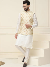 SOJANYA Mandarin Collar Silk Cotton Straight Kurta with Churidar & Nehru jacket