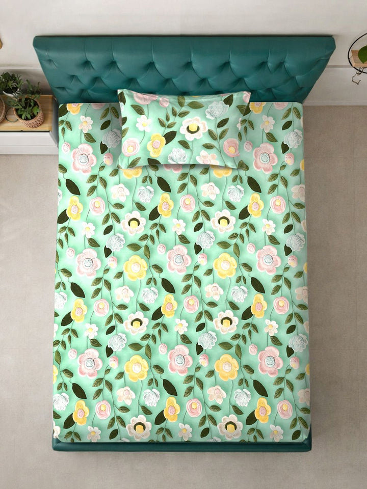 KLOTTHE Green & Pink Floral Printed Fitted 300 TC Single 7D Bedsheet With 2 Pillow Cover