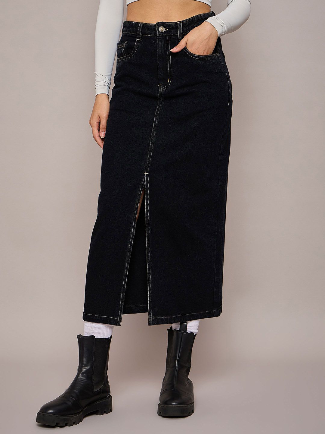 SASSAFRAS BASICS Women Denim Front-Slit A-Line Midi Skirt