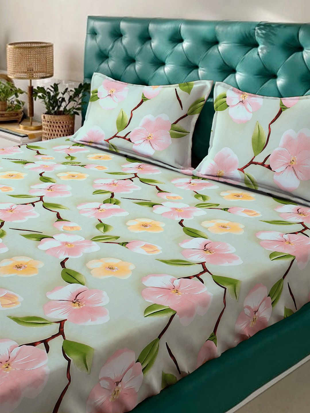 KLOTTHE Bercetak Hijau & Merah Jambu Dilengkapi Cadar 7D Saiz King 300 TC Dengan 2 Sarung Bantal