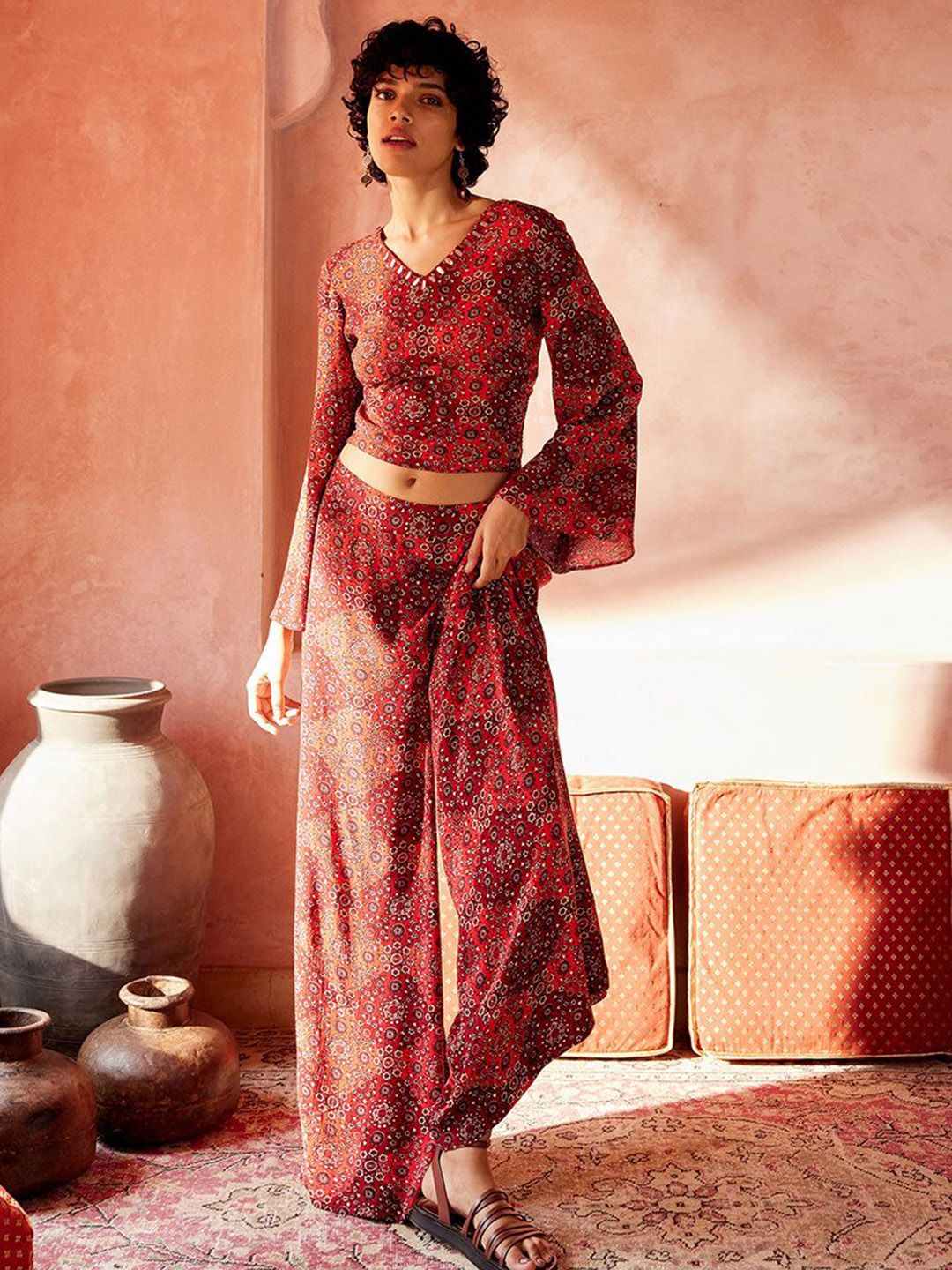 Global Desi Printed V-Neck Top With Palazzo