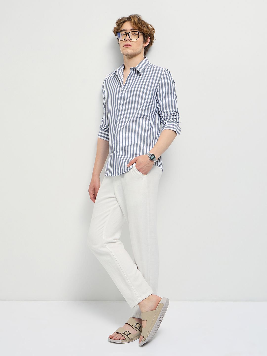 THE BEAR HOUSE Men Spread Collar Vertical Striped Cotton Casual Shirt